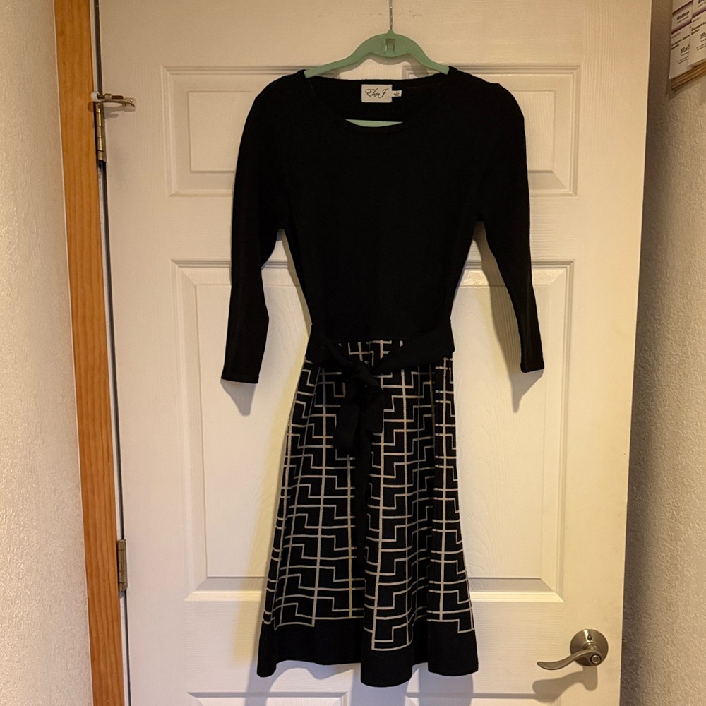 Eliza J Black Dress with White Geometric Design